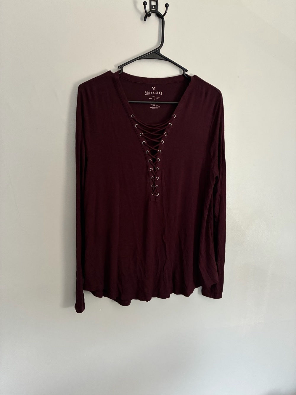 American eagle outfitters Women's L Lace-Up Long Sleeve Top - burgundy
